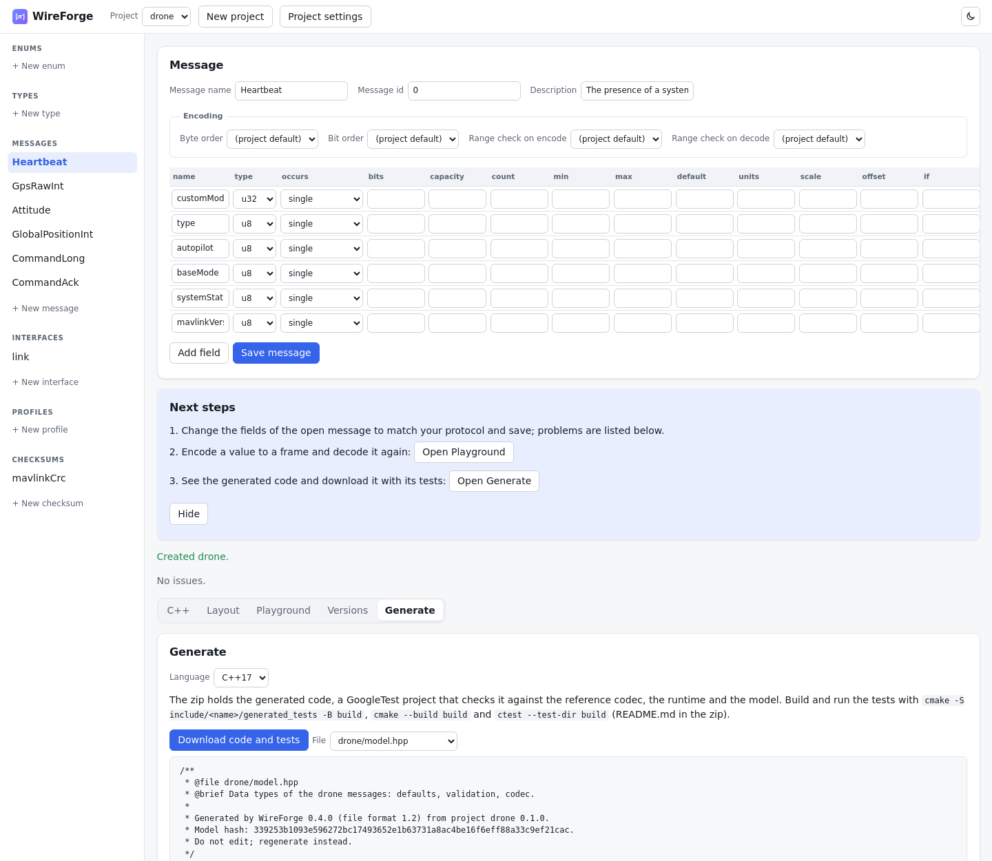 The web UI right after New project: the first message open in the editor, the next steps, and the Generate tab with the generated C++ and the download of code and tests