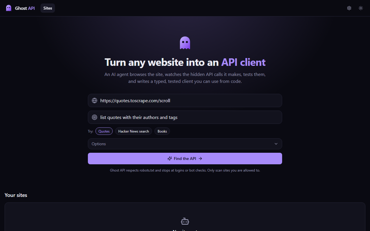 Home page with the URL and goal form