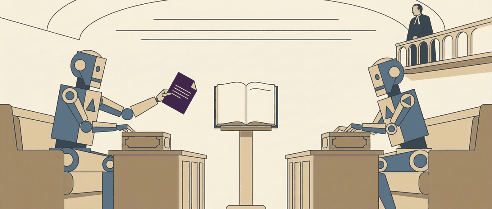 Two robot figures at opposing parliamentary dispatch boxes, one handing the other a document, with an open ledger recording the exchange between them and a robed human observer watching from a balcony above.
