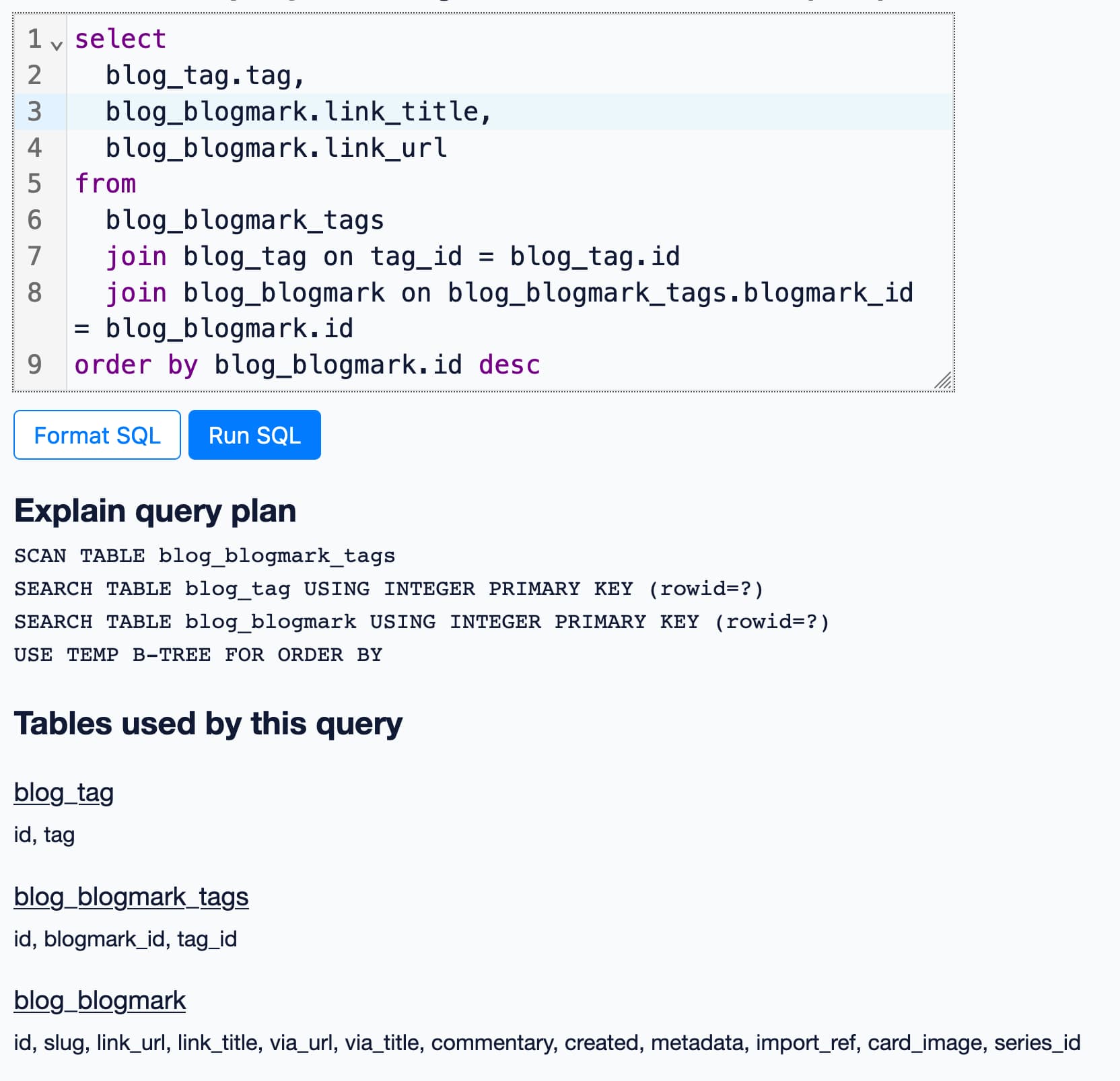 Demo of this plugin - a SQL query shows the explain plan as well as the three tables that were used in the query (their names and columns)