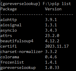 goreverselookup pip list