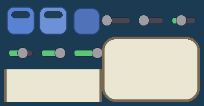 UI atlas: button states, sliders, 9-patch panels