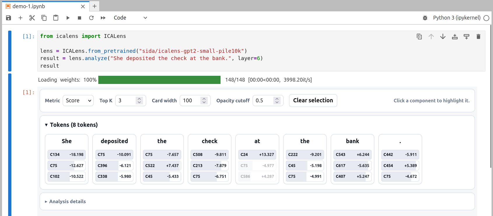 ICA Lens token-level analysis in Jupyter