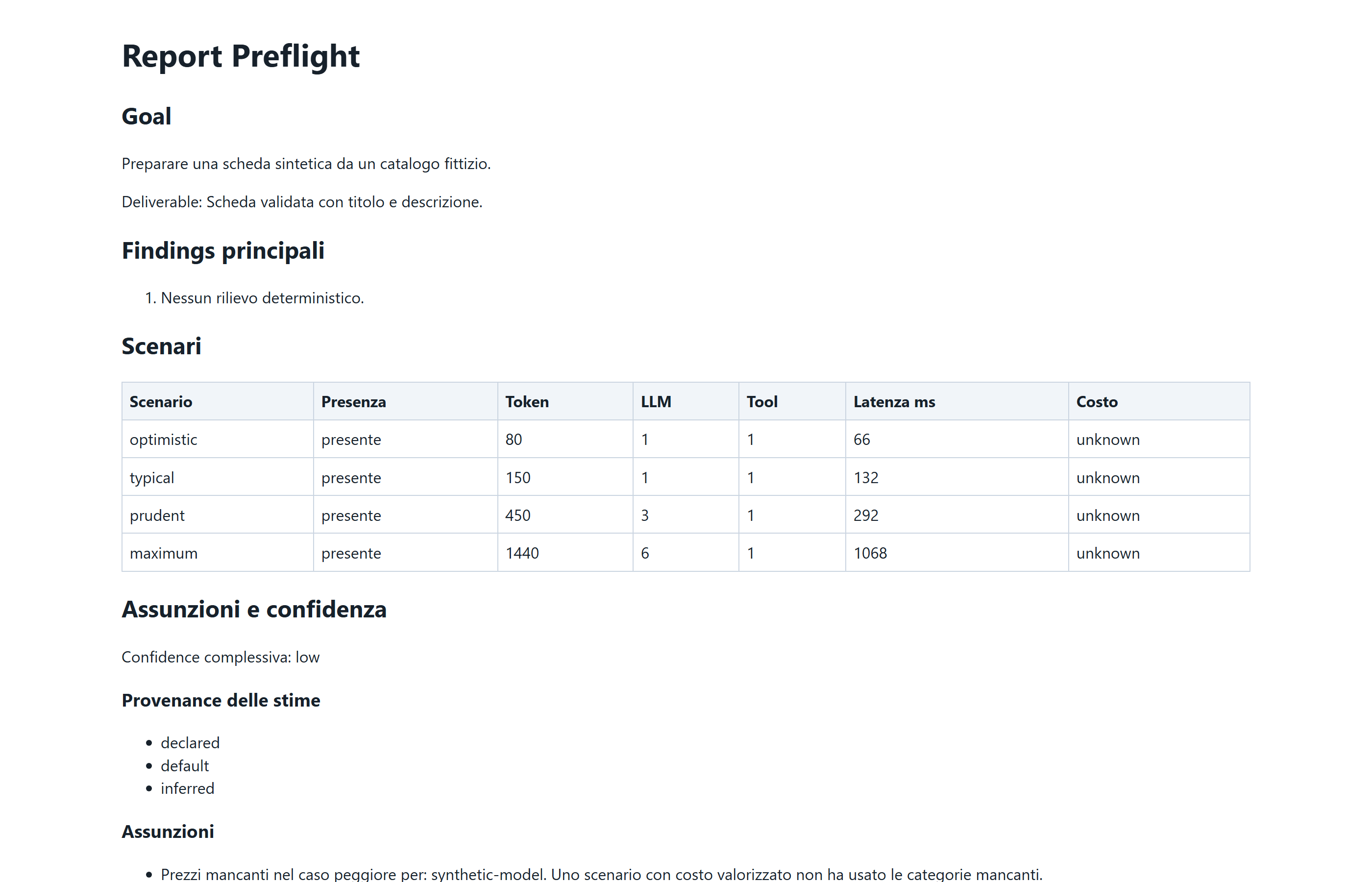Report Preflight: quattro scenari con token, chiamate LLM, tool e latenza; confidenza complessiva e provenienza di ogni stima