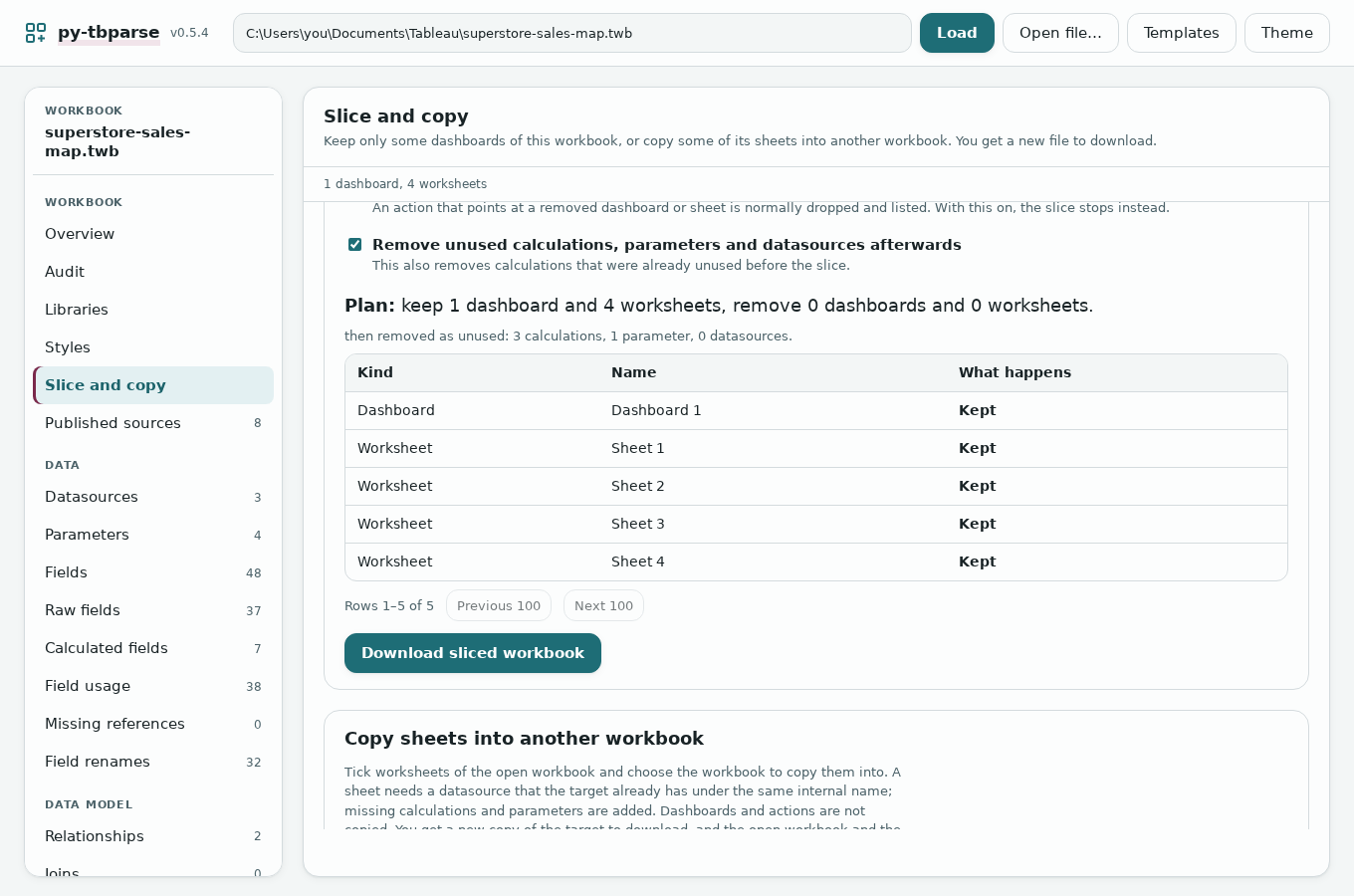 Slice plan: keep 1 dashboard and 4 worksheets, remove 0; then removed as unused: 3 calculations, 1 parameter, 0 datasources; the Download sliced workbook button