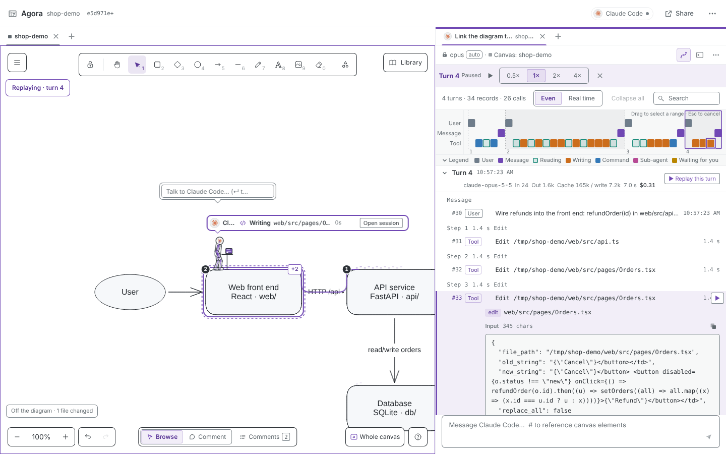 Trajectory view: timeline, per-turn usage, and an expanded Edit call showing its full input