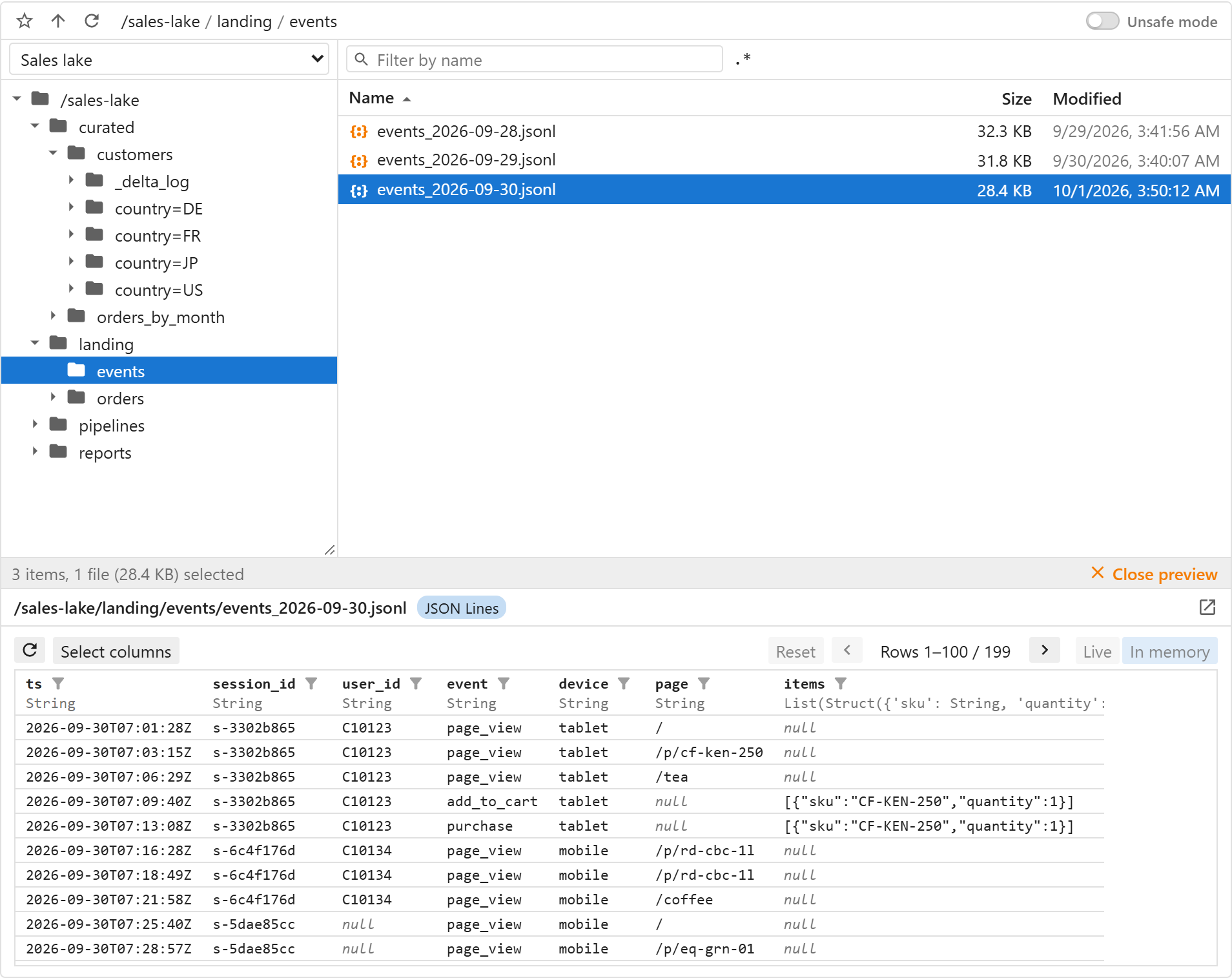 StorageExplorer with a JSON Lines file open in the data browser
