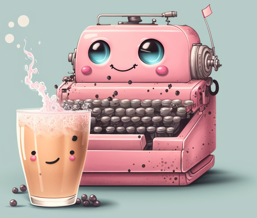 Pink Bubble Tea with cute eyes and smile, using a typewriter, digital art