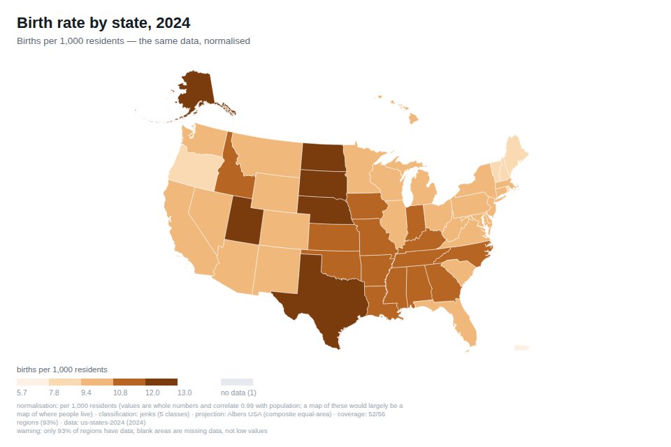 Birth rate by state, per 1,000 residents