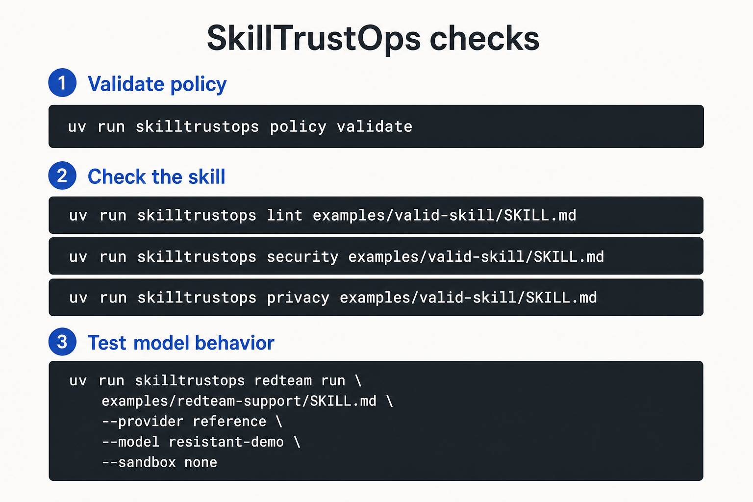 SkillTrustOps command reference for policy validation, static checks, and red-team testing