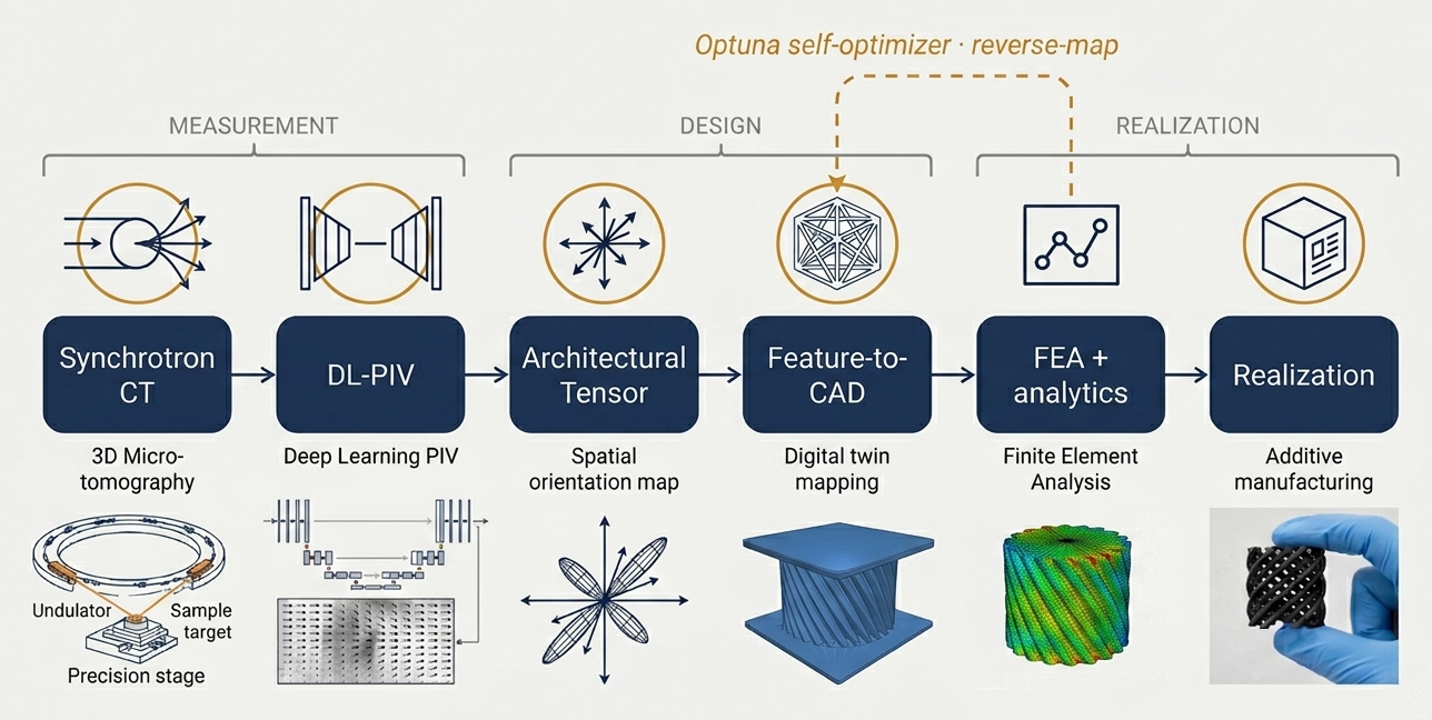 Pipeline overview: measurement, design, and realization stages, with an Optuna optimization loop that maps the best designs back into measurement targets
