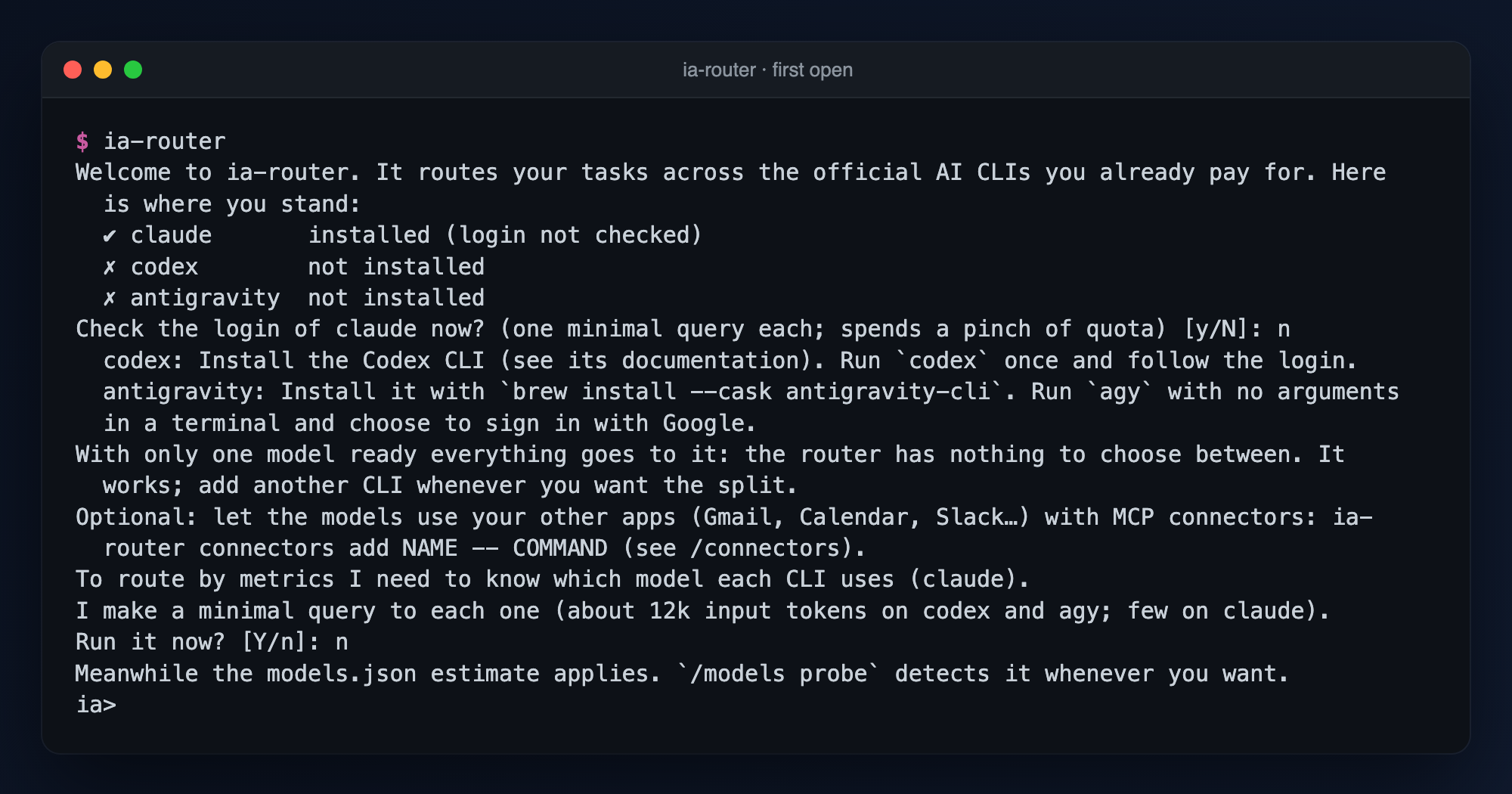 First open on a machine that only has claude: the table of CLIs and the exact step for the missing ones