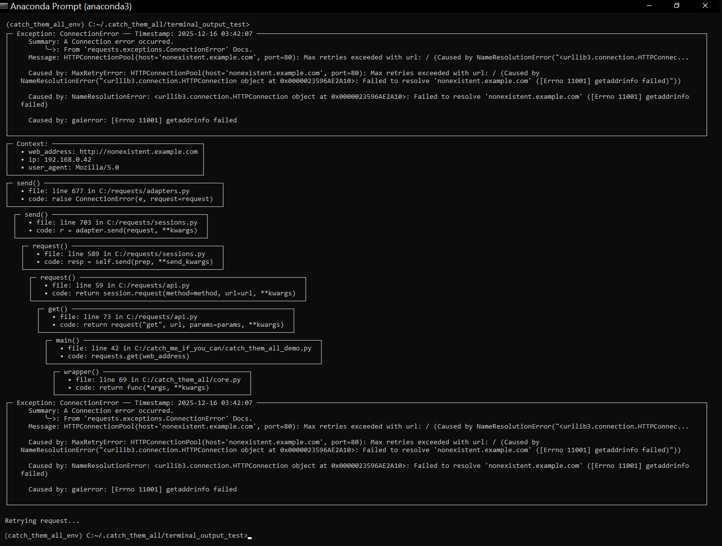 Plain text exception report using .str_format, suitable for CLI and logs