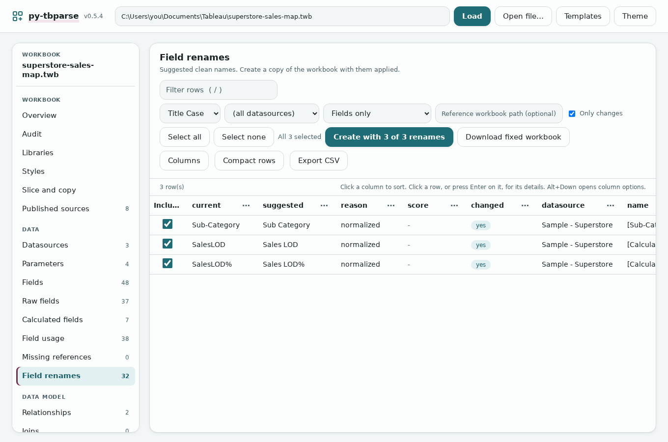 Field renames: Title Case, all datasources, Fields only; three ticked suggestions and the button Create with 3 of 3 renames