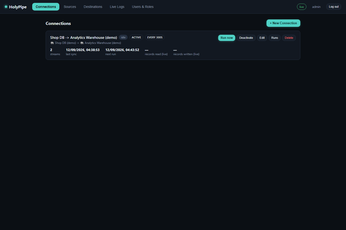 HolyPipe connections dashboard