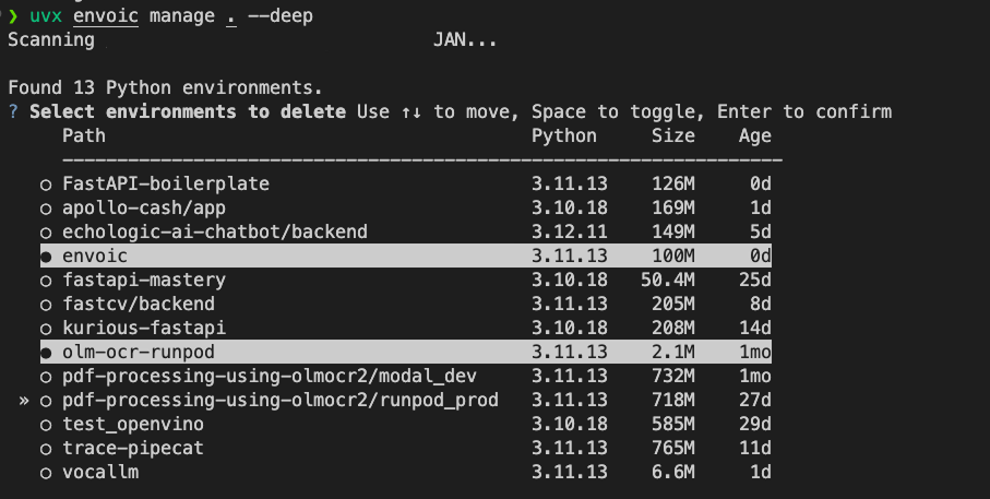 envoic manage command output