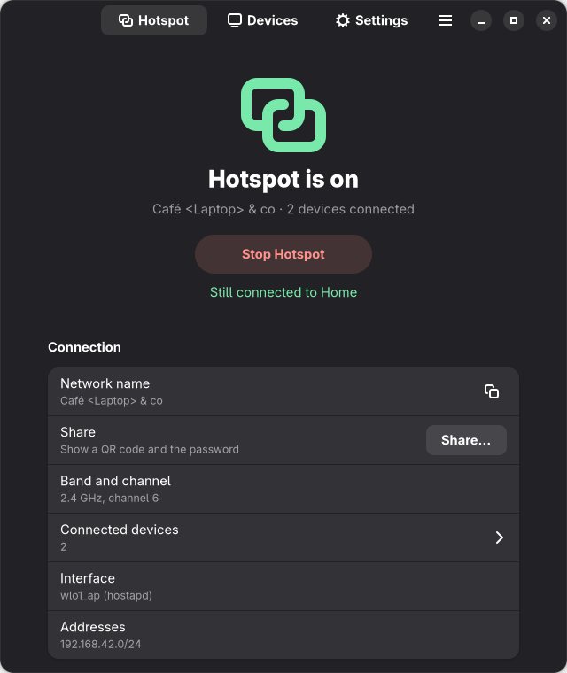 apsta desktop app: hotspot running while Wi-Fi stays connected