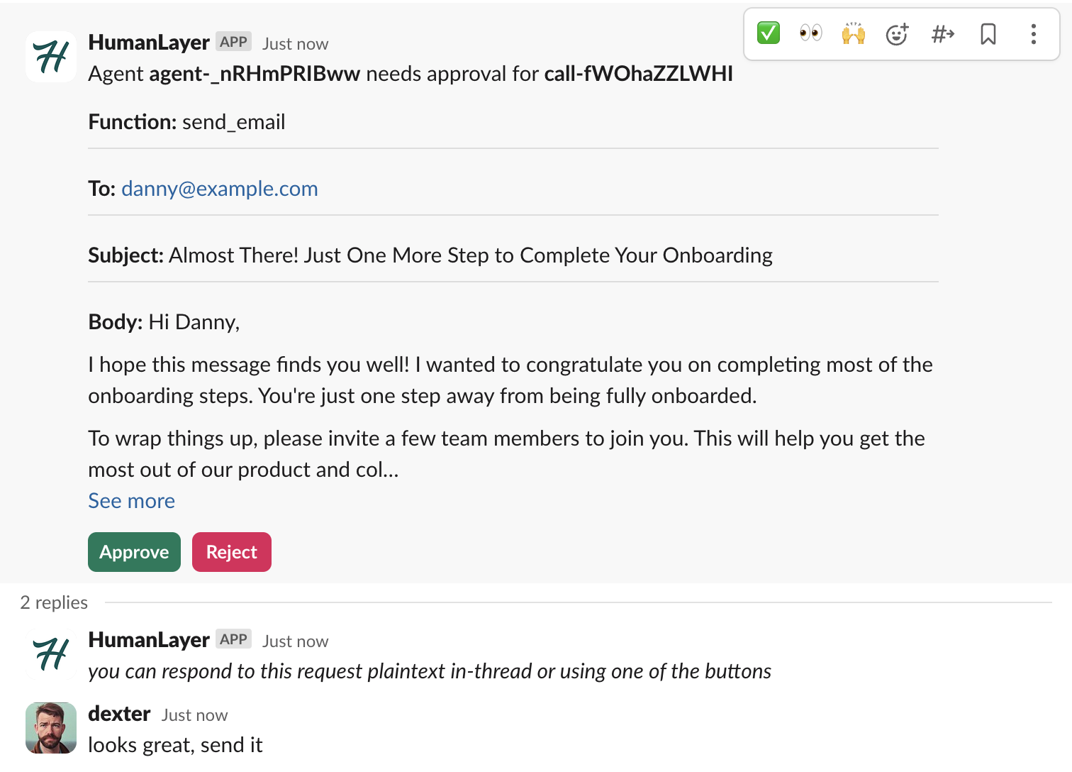 A screenshot of slack showing a human replying to the bot
