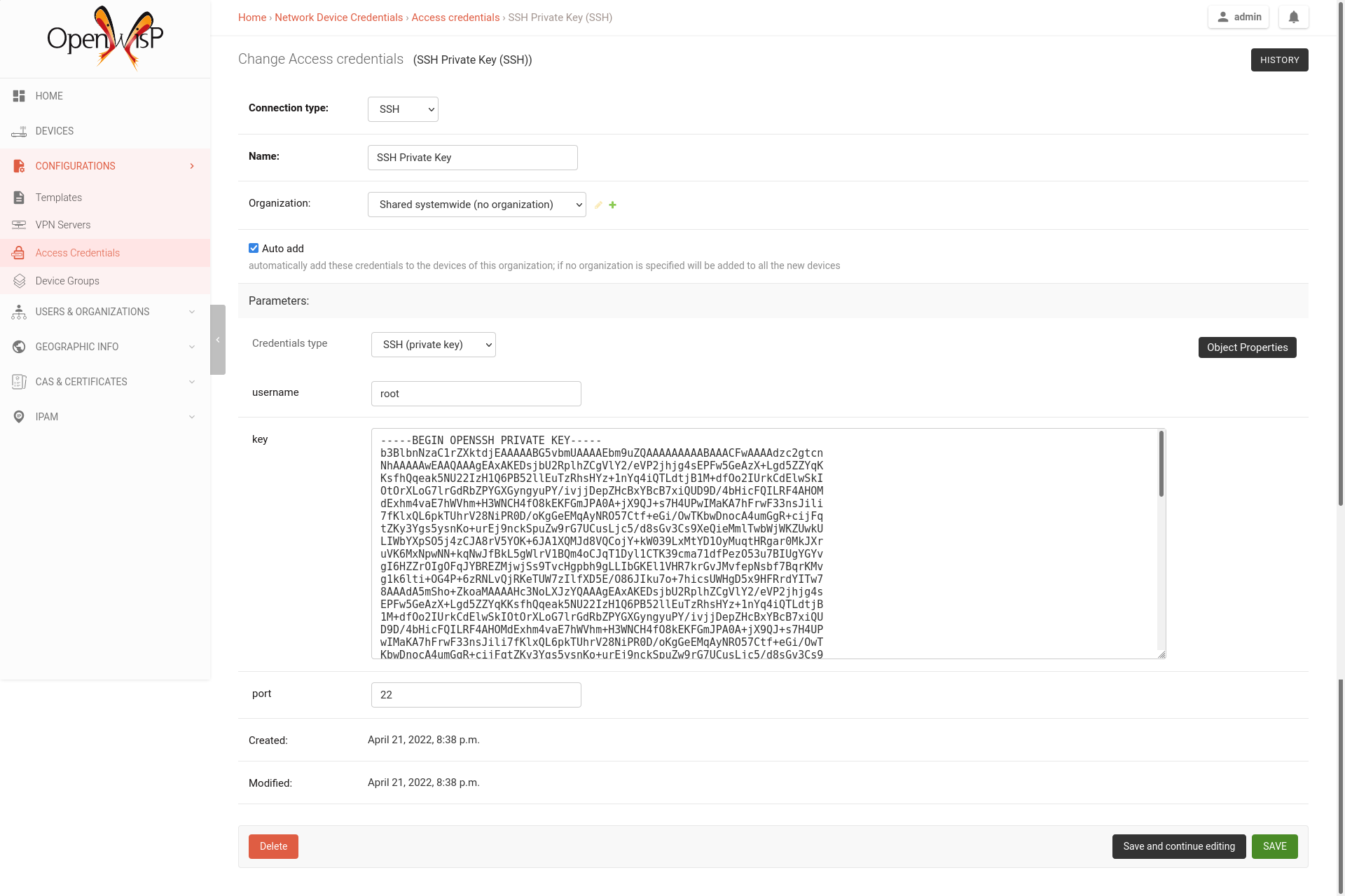 add SSH private key as access credential in OpenWISP
