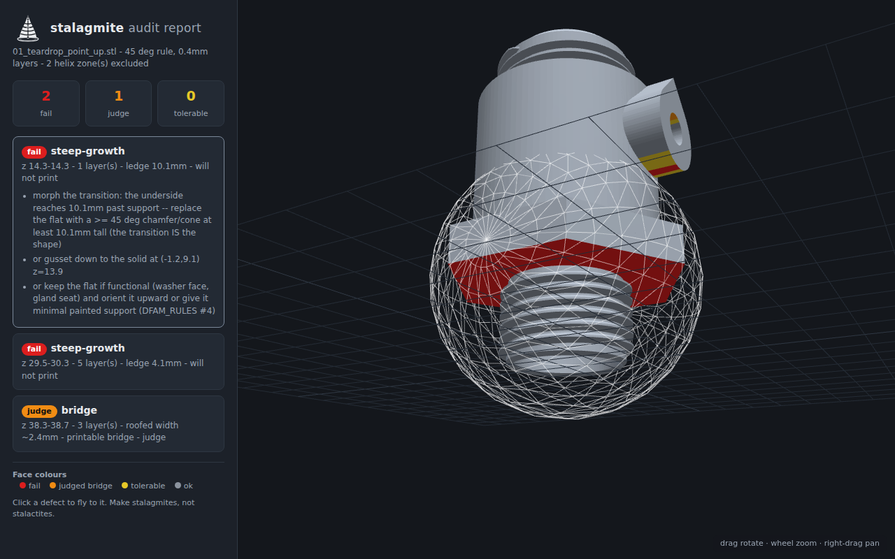 stalagmite interactive report: a failed flange ring shown in red with its repair suggestion alongside