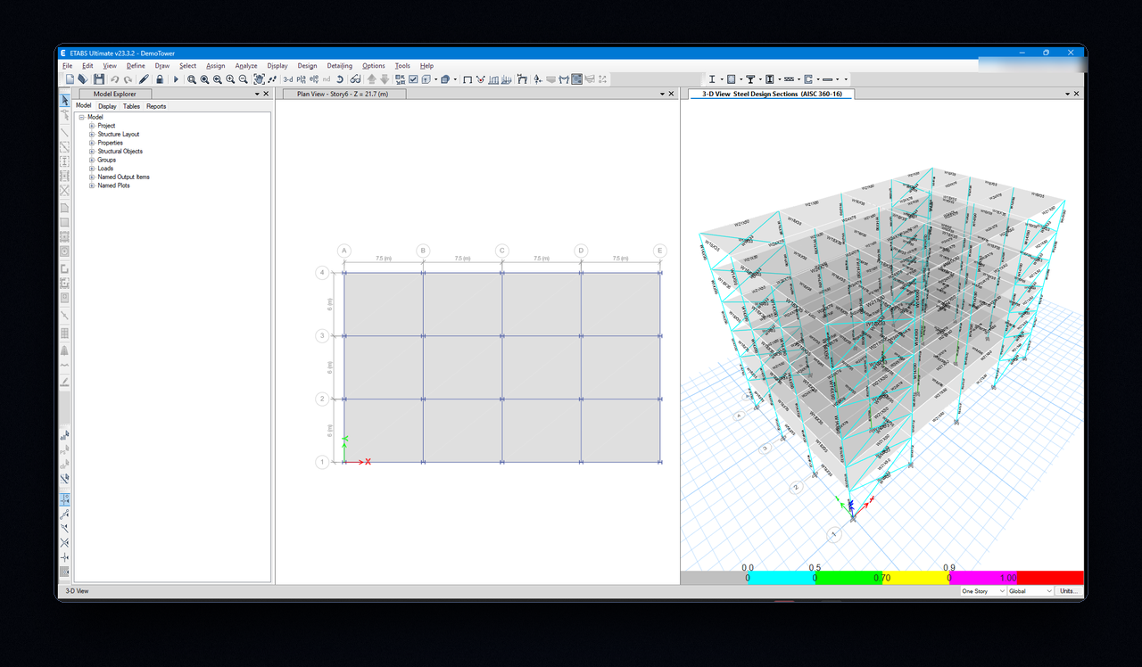 The same model in the real ETABS window, captured by etabs_screenshot