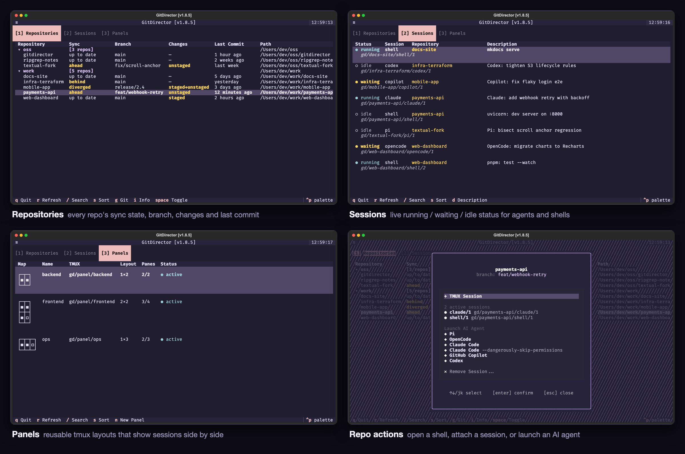 GitDirector console: repositories, sessions, panels, and the repo action menu