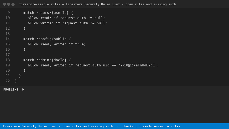 Firestore Security Rules Lint - open rules and missing auth — finds the line