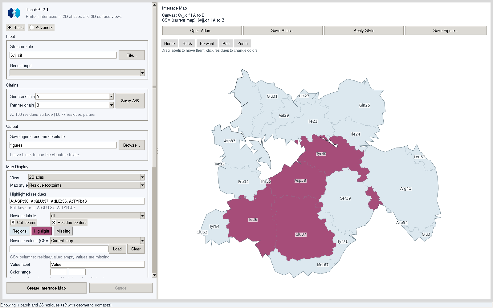 TopoPPI desktop with the 2D residue-footprint atlas and its display controls