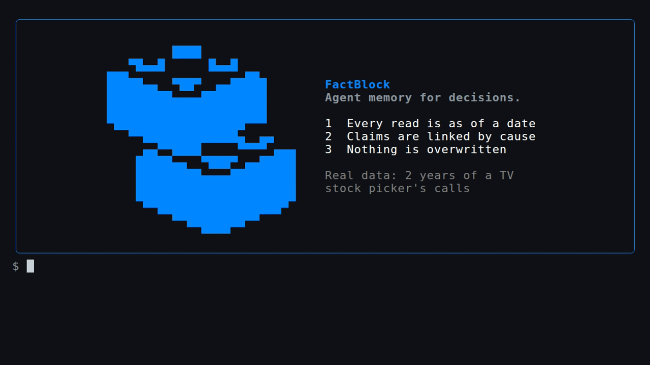 FactBlock in 40 seconds: reads as of a date, a causal chain, a claim replaced not overwritten, a verdict that arrives later, and the hindsight leak without a clock. Real data from samples/cramer and samples/rates.