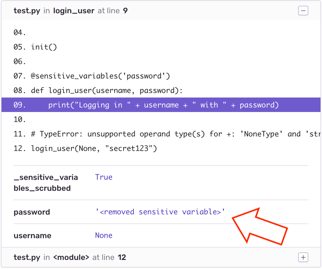 Picture of Sentry's traceback view where each frame contains local variables. The password variable contains a placeholder instead of the actual value.