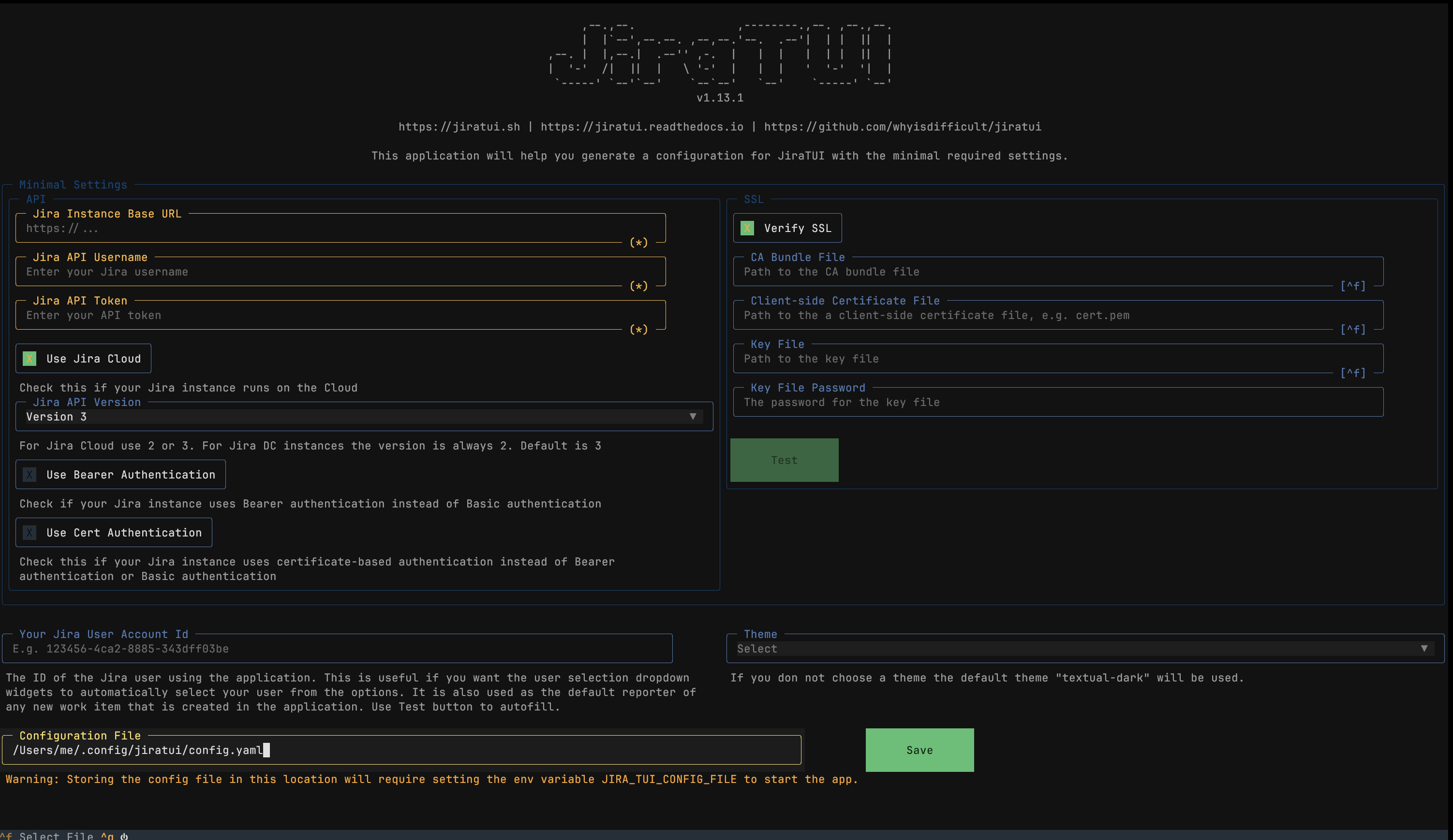 JiraTUI Configuration Manager