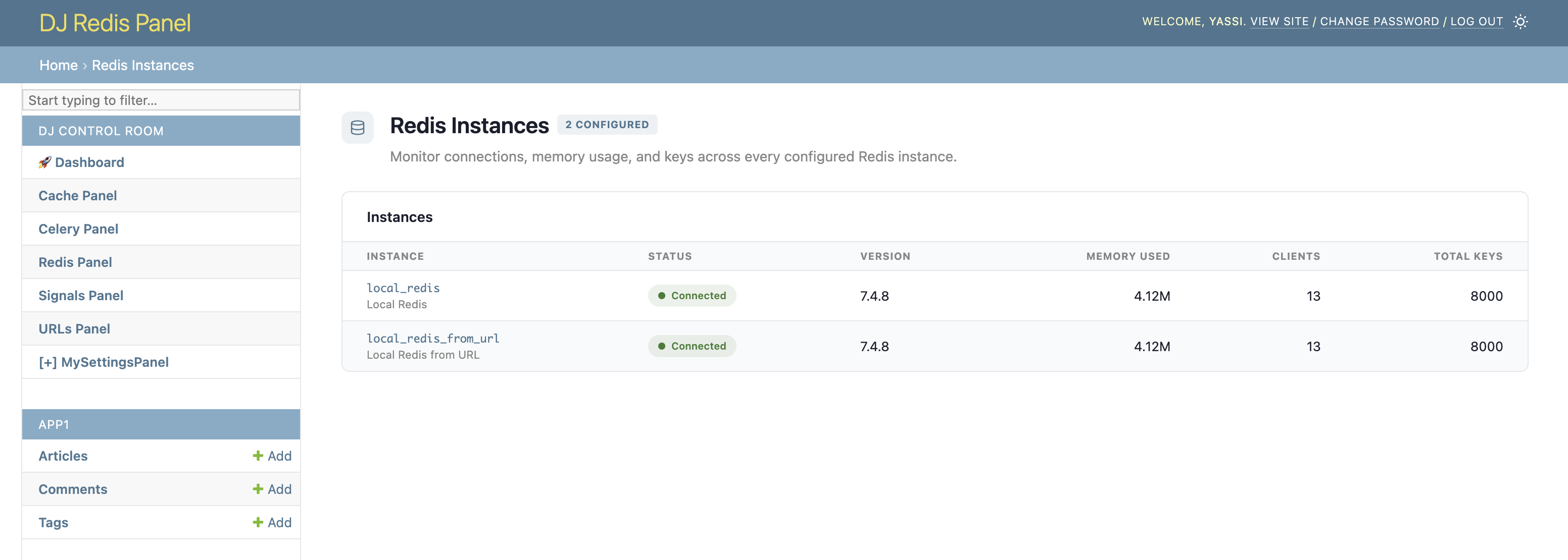 Django Redis Panel - Instance List