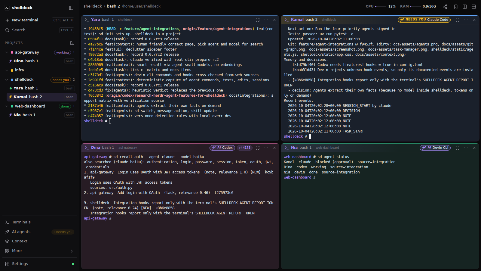 shelldeck with four named terminals across projects: a git log, Claude Code waiting on you, Codex running a smart recall, and agent status per terminal