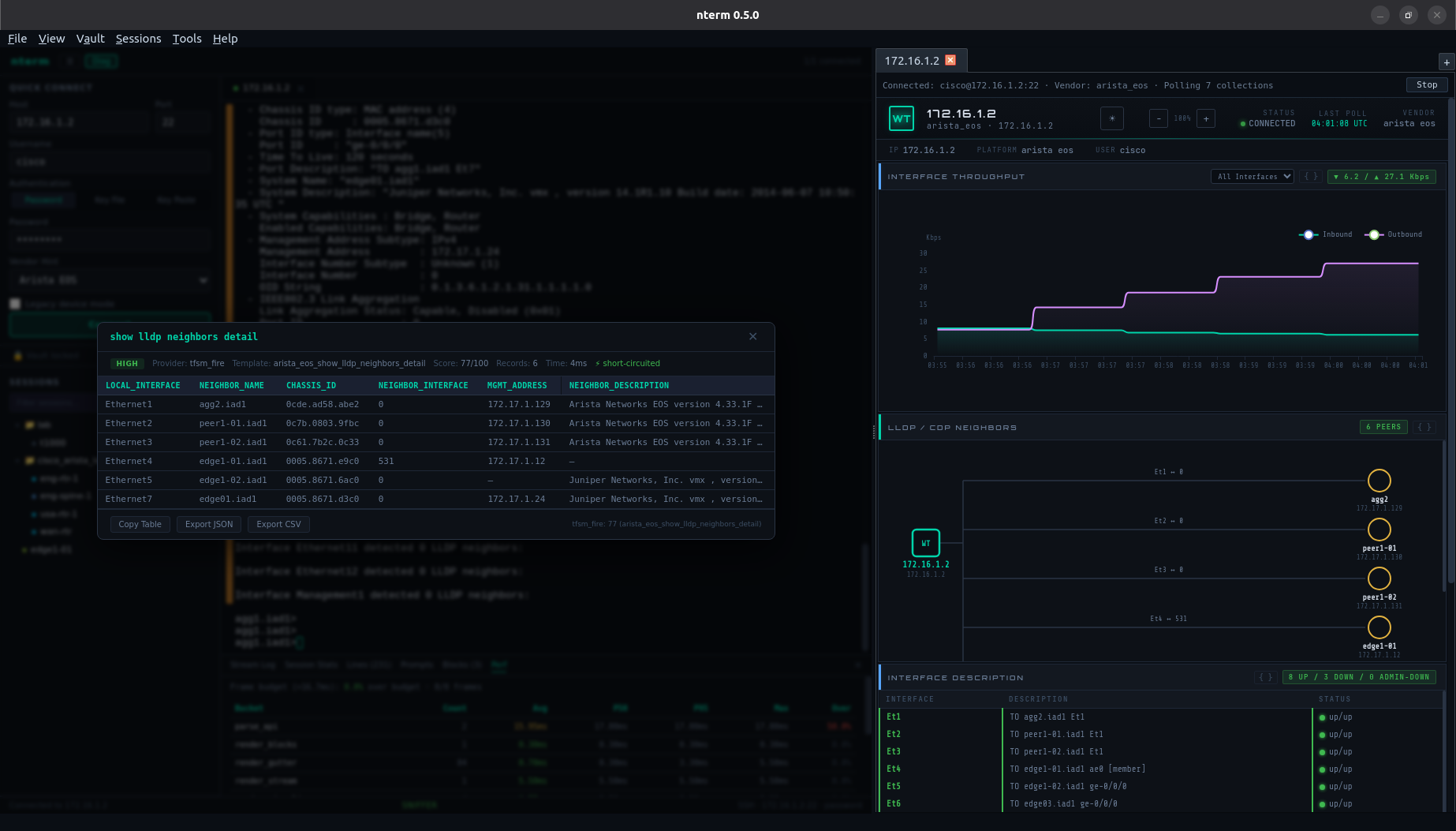 Visualizer overlay — parsed LLDP neighbors with confidence scoring and export