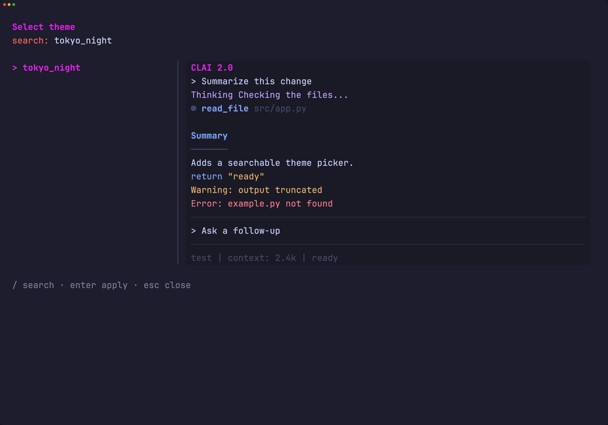 The /theme picker previewing tokyo_night