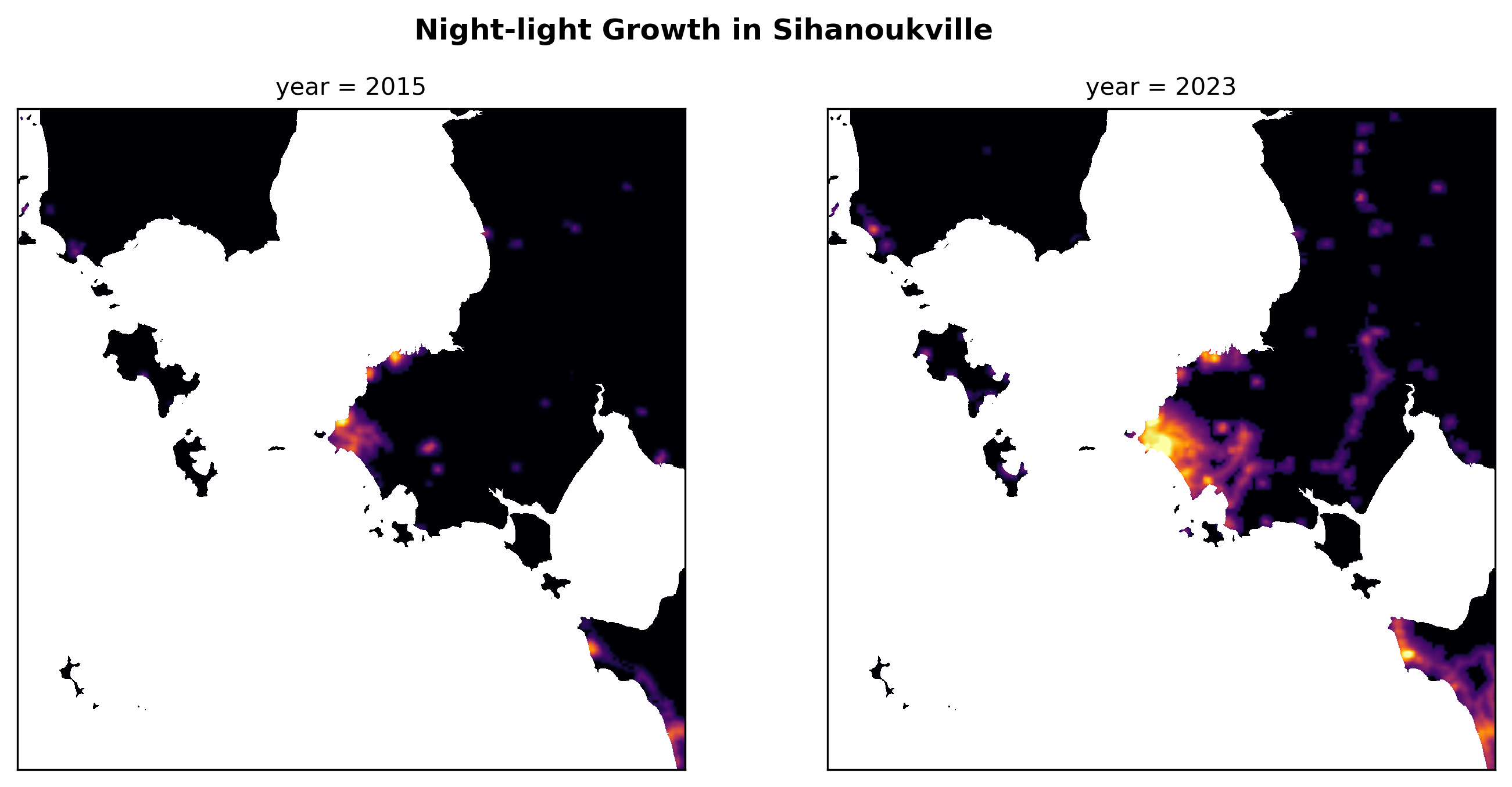 Night lights in Sihanoukville, 2015-2023