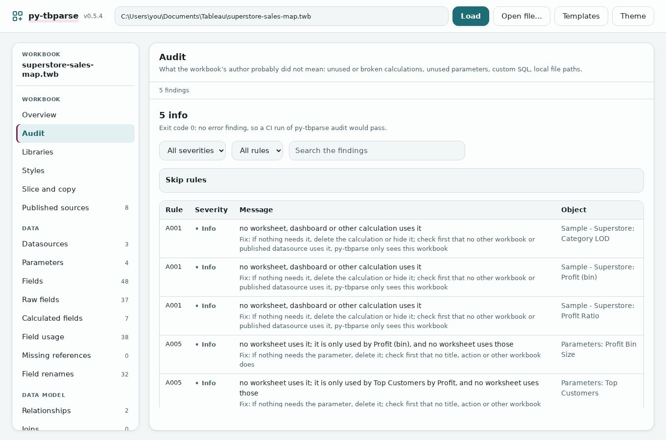 Audit: 5 info, the severity and rule menus, Skip rules, and the findings A001 and A005 with their fixes