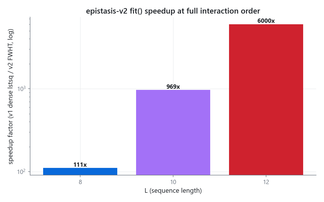 fit() speedup of epistasis-v2 over v1 across sequence lengths