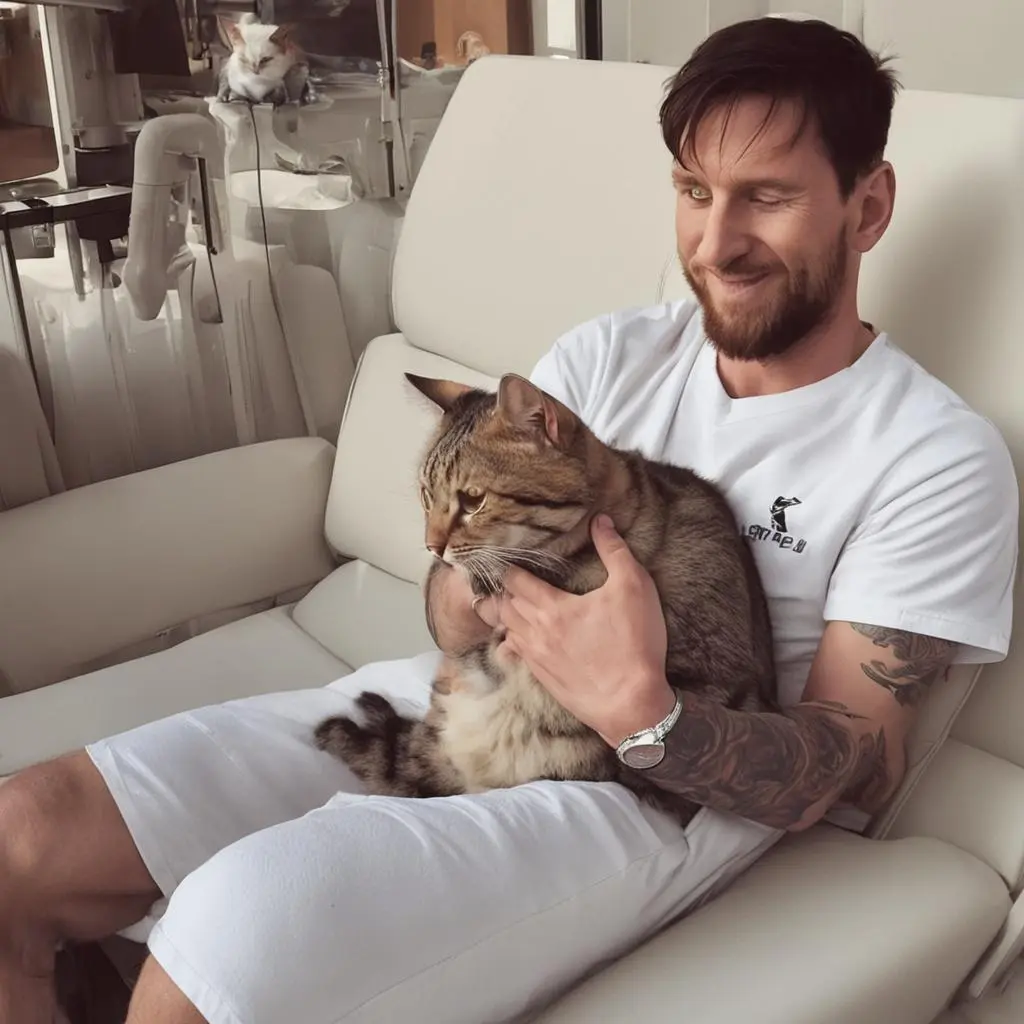 Leo Messi petting a cute cat
