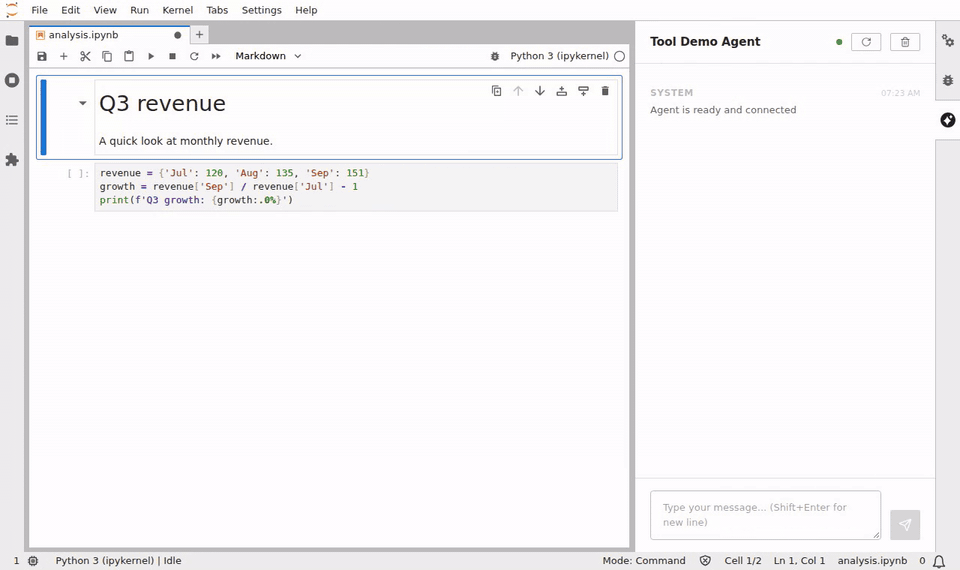 Animated demo: a notebook cell runs, then the LangStage sidebar streams a tool call and pauses for approval, and Approve resumes the turn
