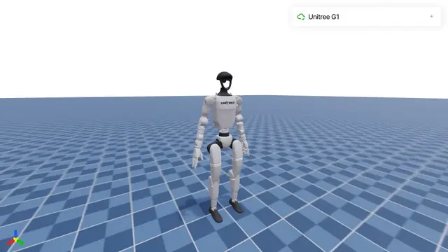 The Unitree G1 humanoid from MuJoCo Menagerie raises its right arm from standing and waves.