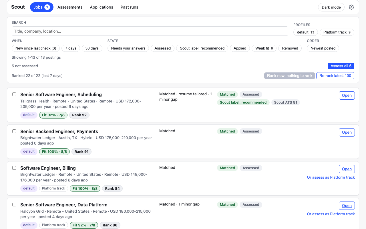 The Scout Jobs page: stored postings your profiles match, with filter chips, profile tags and Scout's chips.