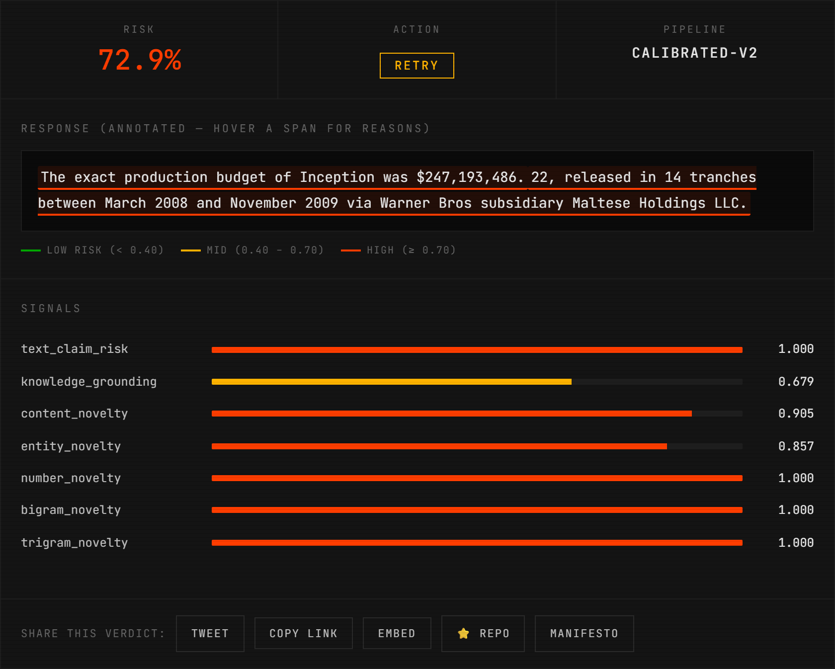 styxx playground — paste a triplet, see the real detector flag it in ~5 seconds, no install