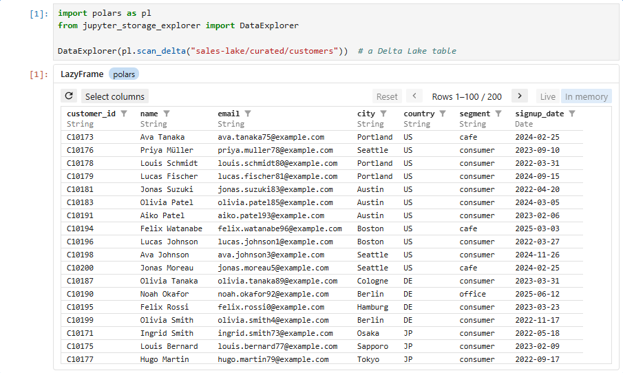 DataExplorer showing a Delta Lake table in a notebook