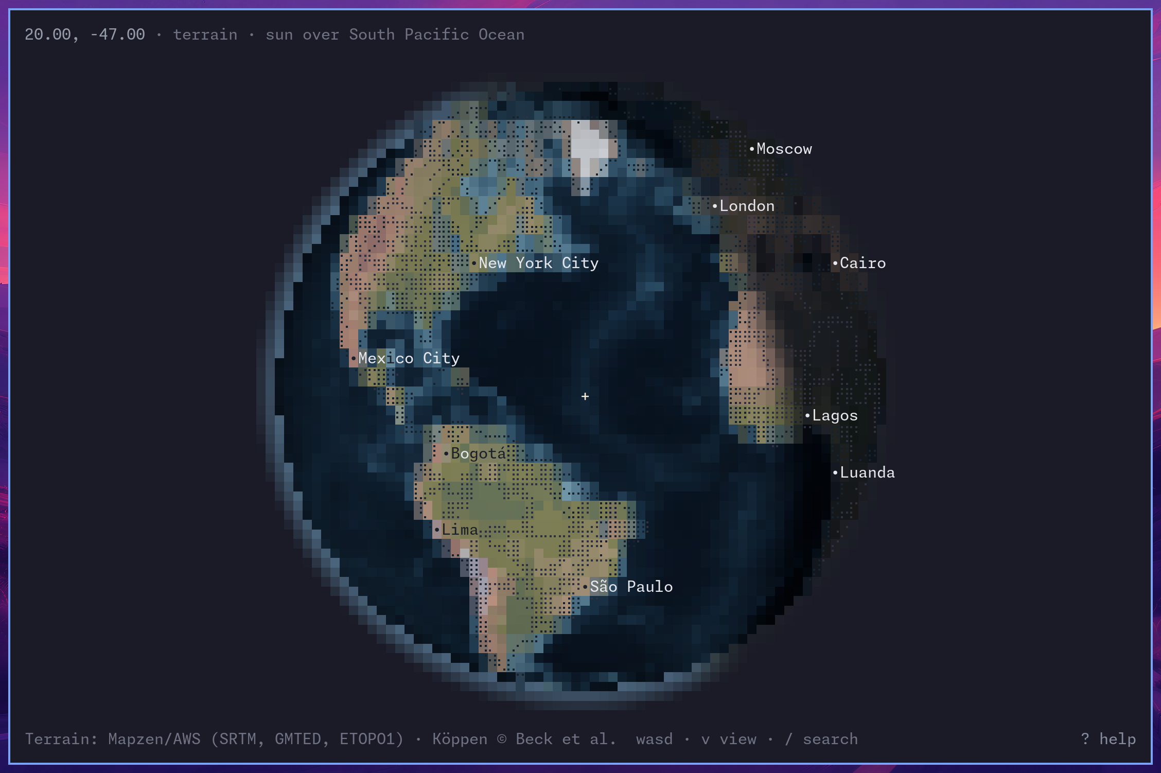 the globe as it is right now: live daylight, the terminator, and the city lights beyond it