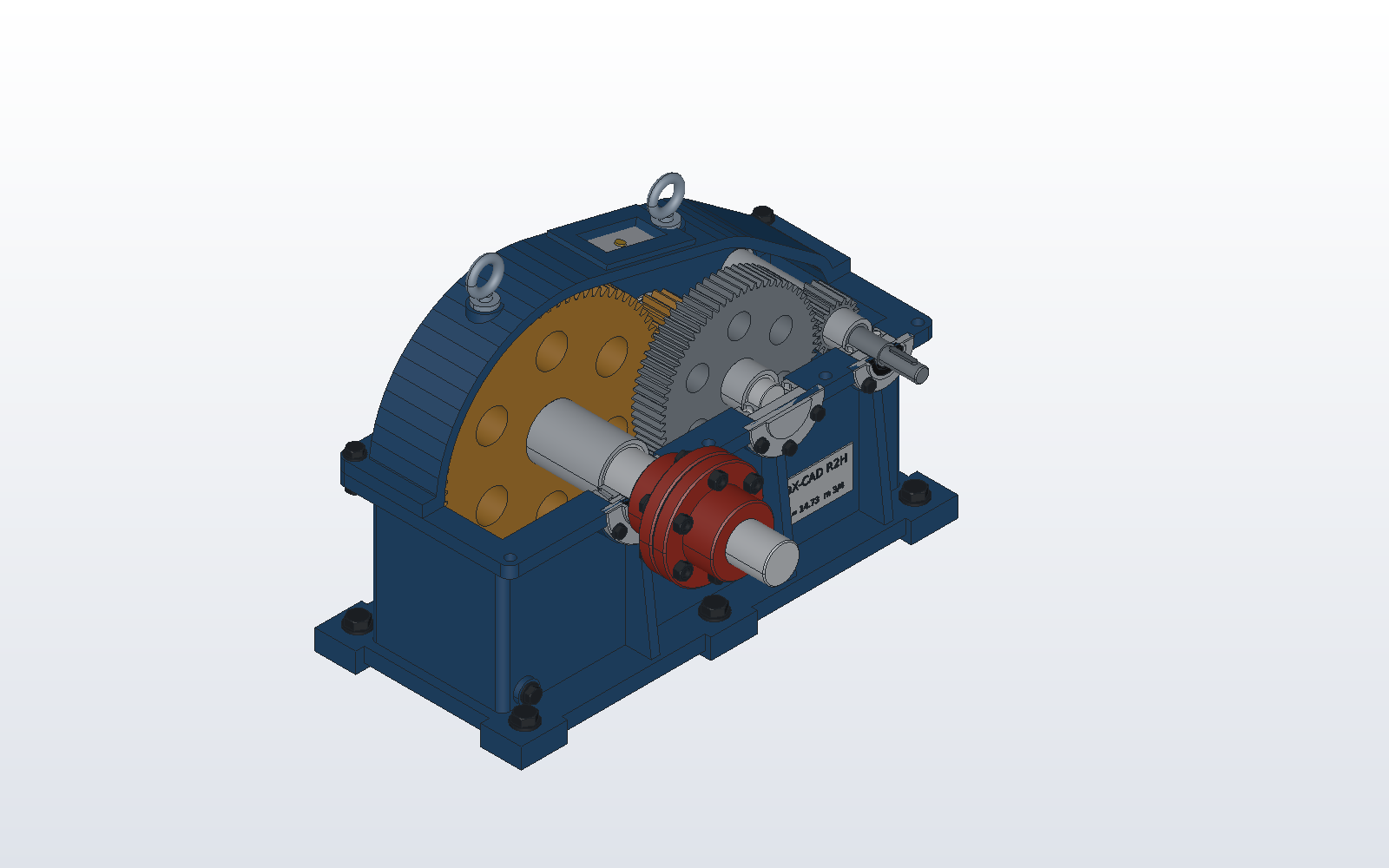 A two-stage helical gearbox, its cover cut away