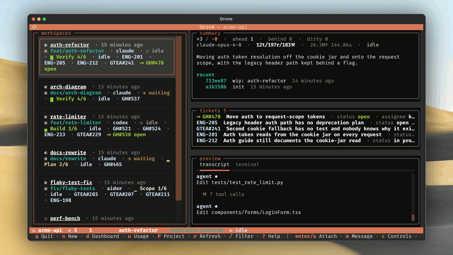 The Grove TUI: a project-scoped workspace list with a live agent peek rail showing the summary, recent commits, and transcript