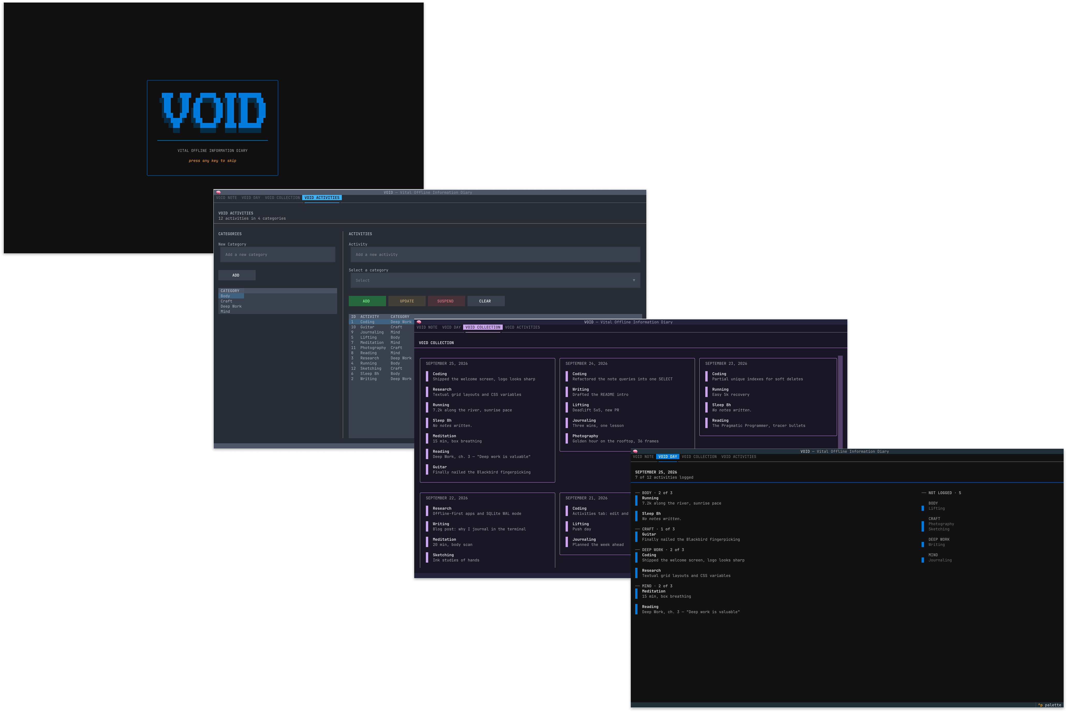 VOID: welcome screen, void activities, void collection, void day