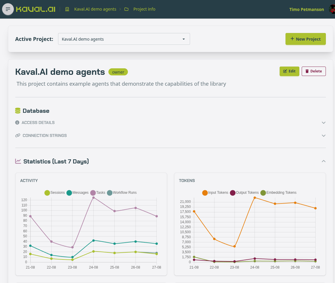 Kaval.AI backoffice project page with database details and activity charts