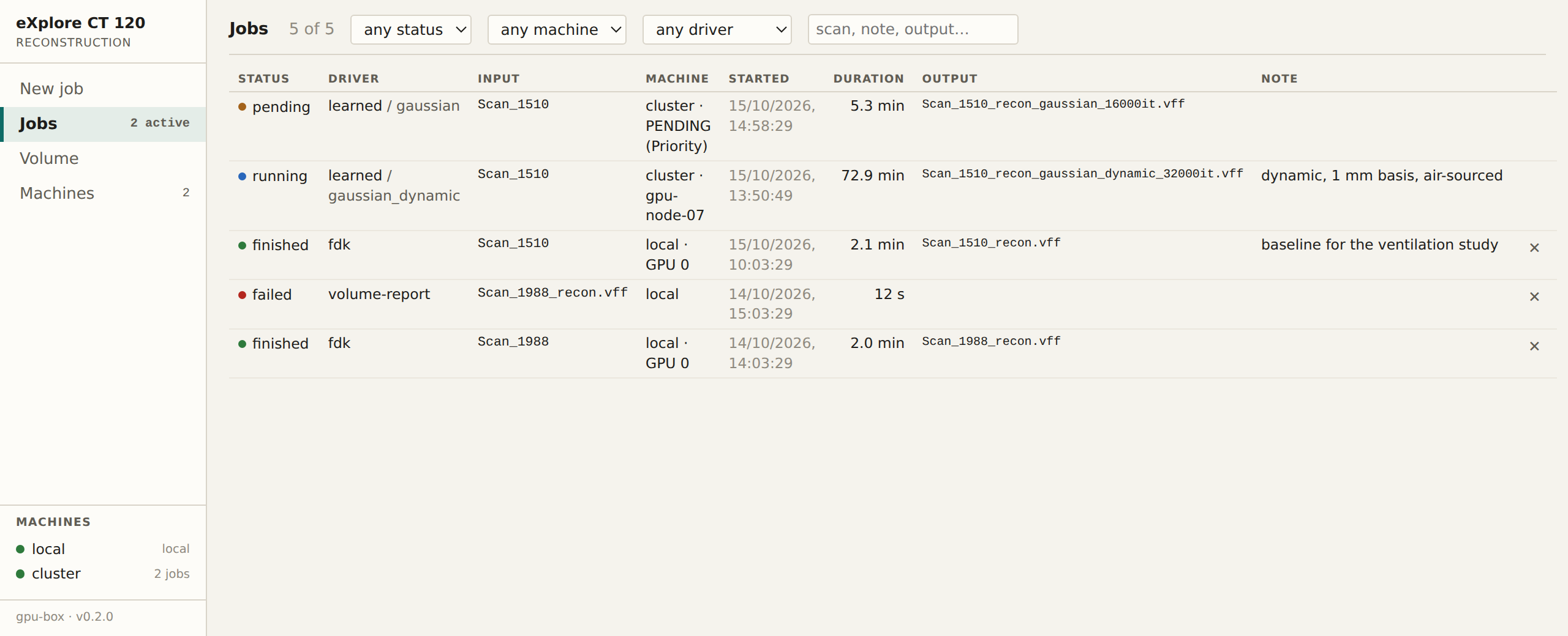 Jobs: every run with status, machine, duration and output